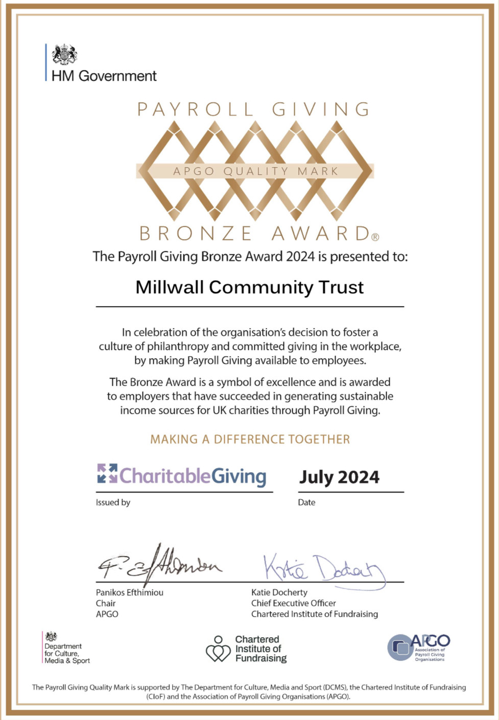 Millwall Community Trust have been awarded a Payroll Giving AGPO Quality Mark for 2024