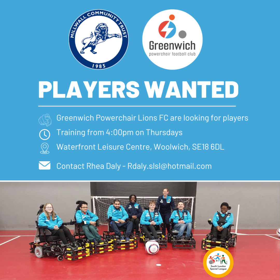 Greenwich Power Chair Lions FC in partnership with Millwall Community Trust are looking for new players!